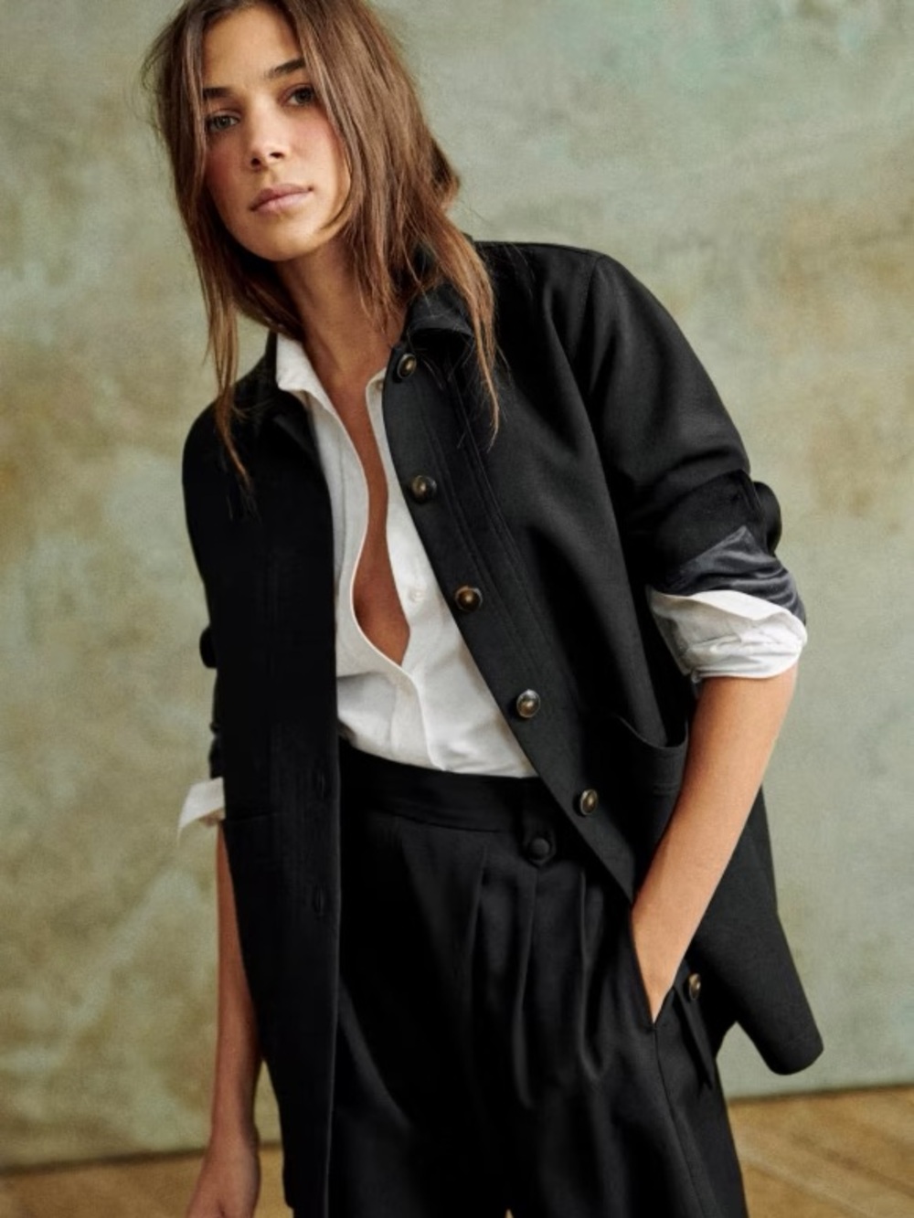 Sezane Black Button-Front Tailored Jacket